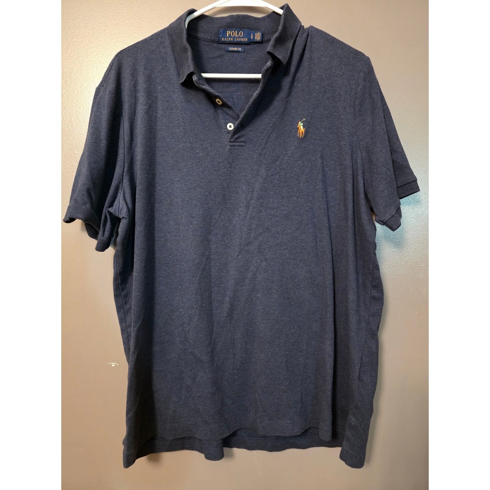 Polo Ralph Lauren Mens Classic Fit Polo Shirt Heathered Navy Blue Short Sleeve L